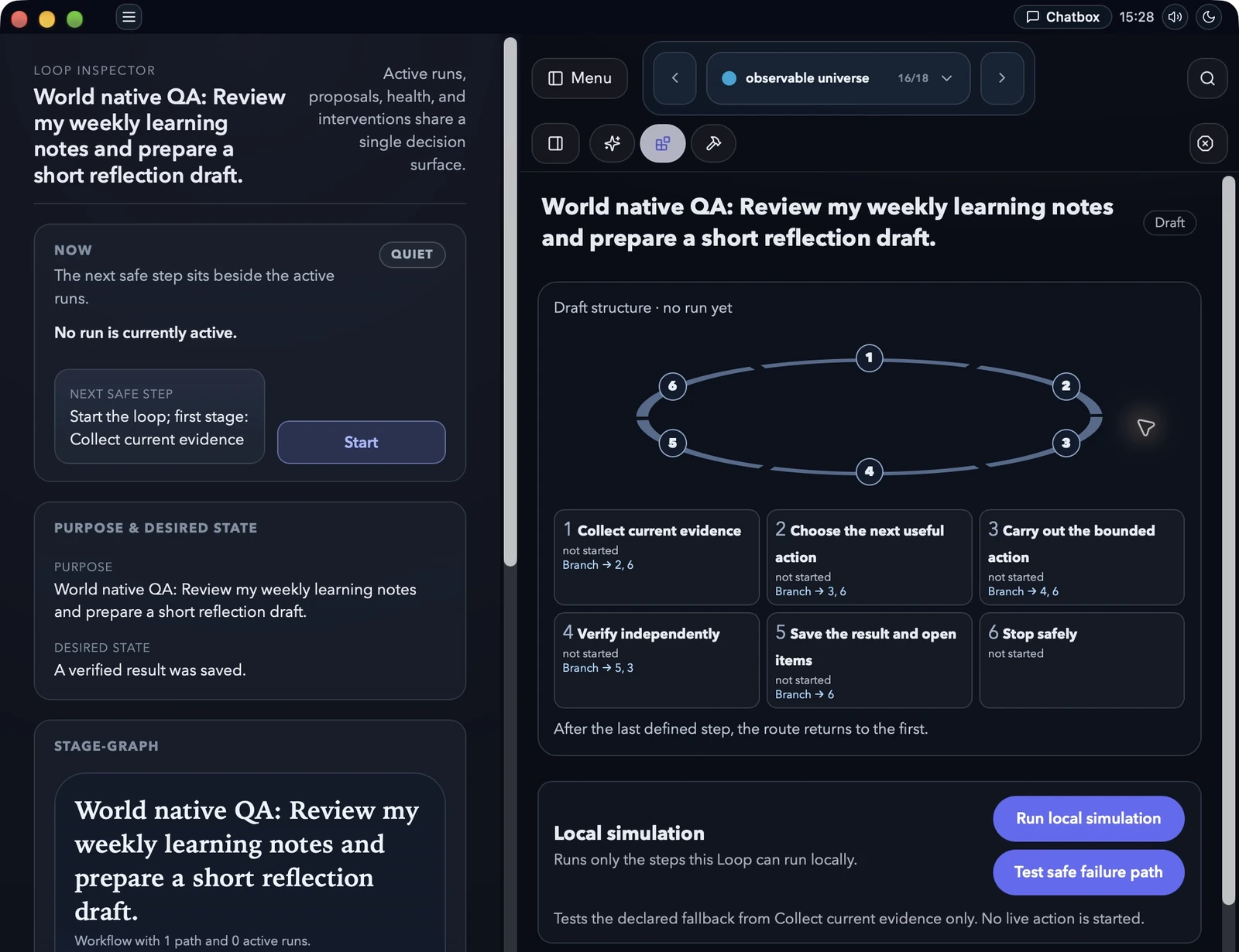 aisha's Loop Inspector in the native macOS app: a draft loop titled 'Review my weekly learning notes and prepare a short reflection draft', showing its purpose and desired state, the next safe step with a Start button, a six-stage draft structure, and Local simulation buttons.